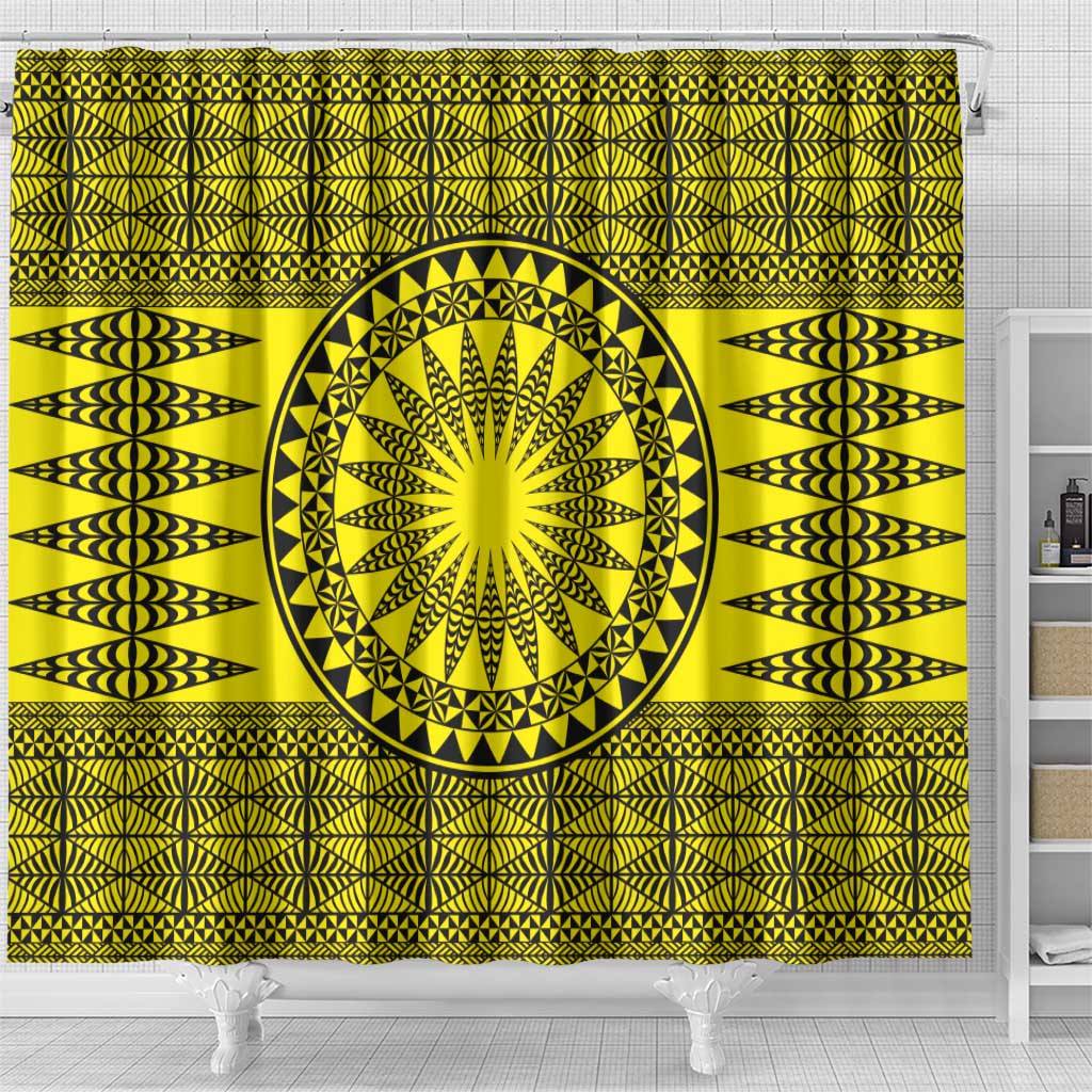 All Yellow Tonga Malo e lelei Shower Curtain Vintage Ngatu Tribal Pattern - Polynesian Pride