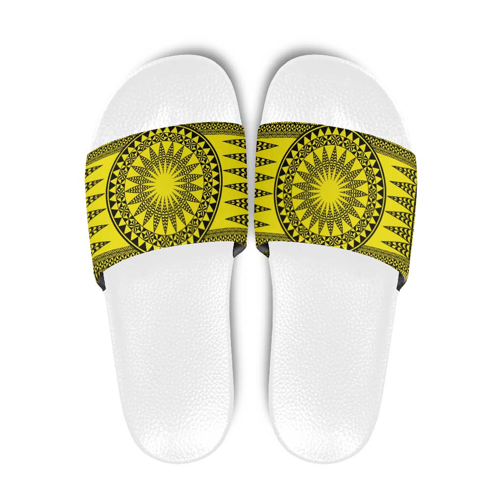 All Yellow Tonga Malo e lelei Slide Sandals Vintage Ngatu Tribal Pattern - Polynesian Pride