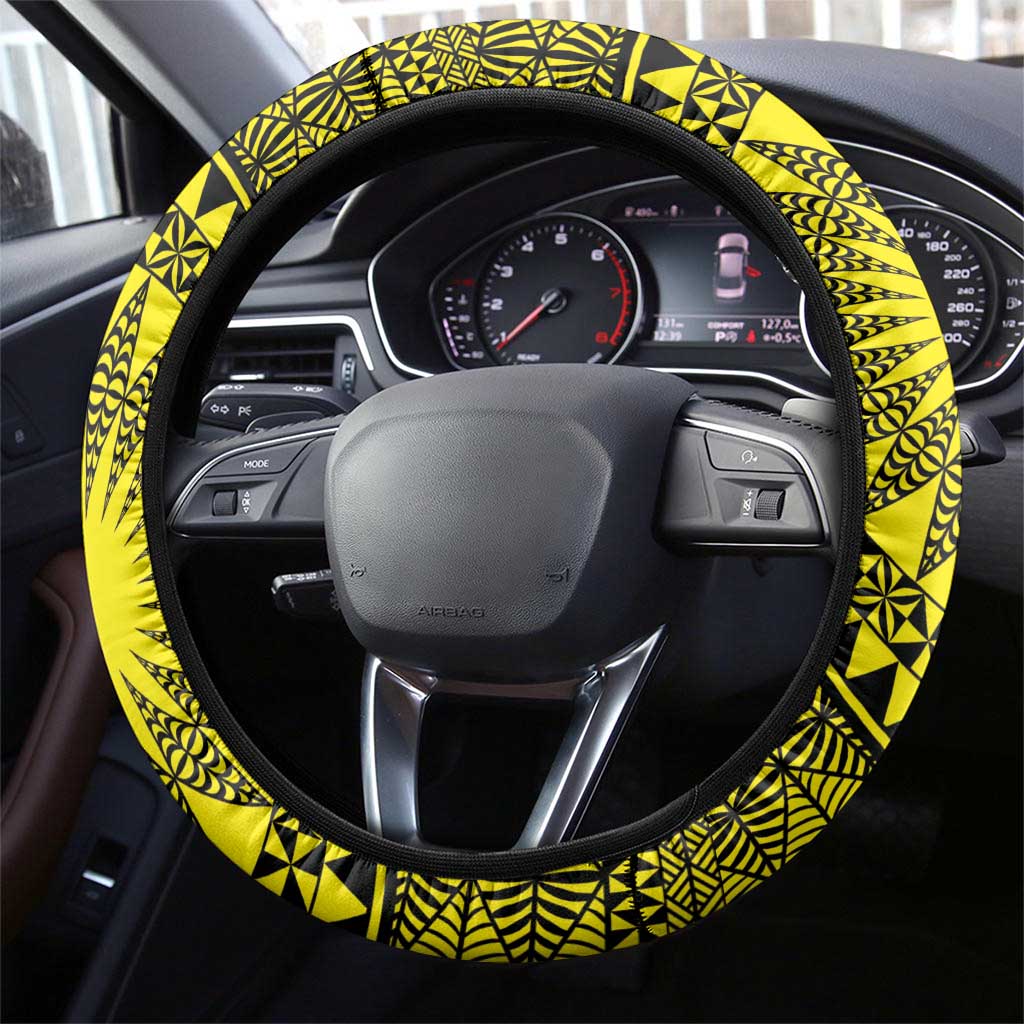All Yellow Tonga Malo e lelei Steering Wheel Cover Vintage Ngatu Tribal Pattern - Polynesian Pride