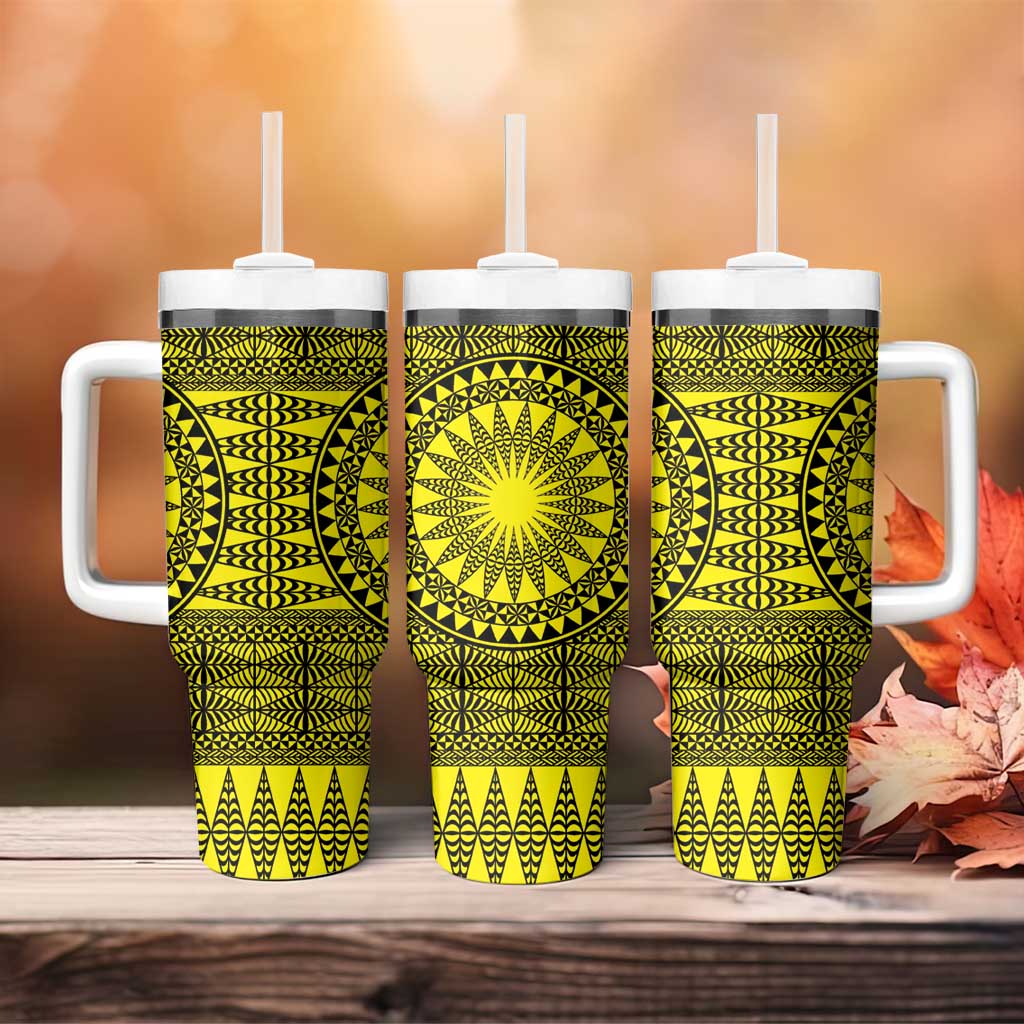 All Yellow Tonga Malo e lelei Tumbler With Handle Vintage Ngatu Tribal Pattern - Polynesian Pride