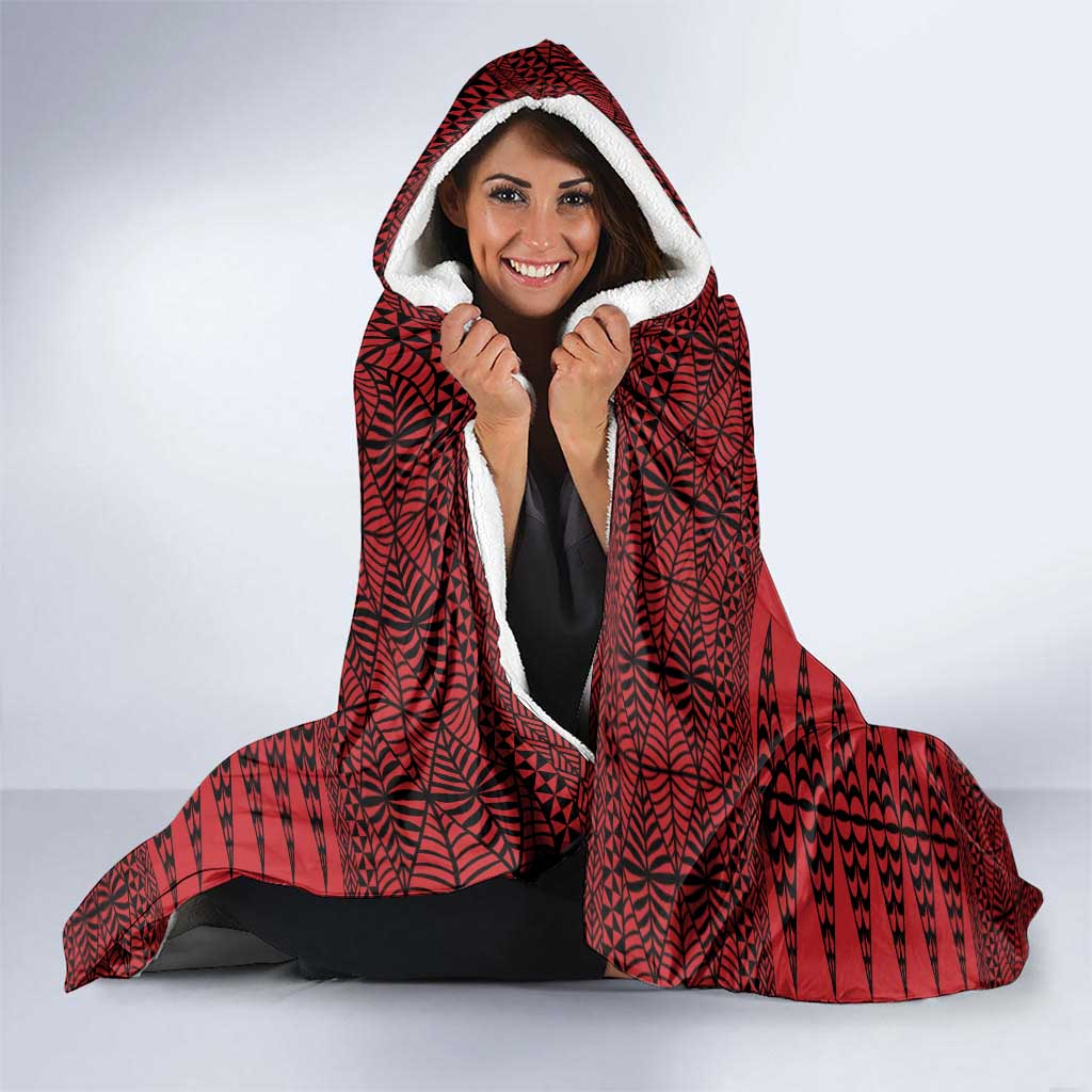 All Red Tonga Malo e lelei Hooded Blanket Vintage Ngatu Tribal Pattern - Polynesian Pride