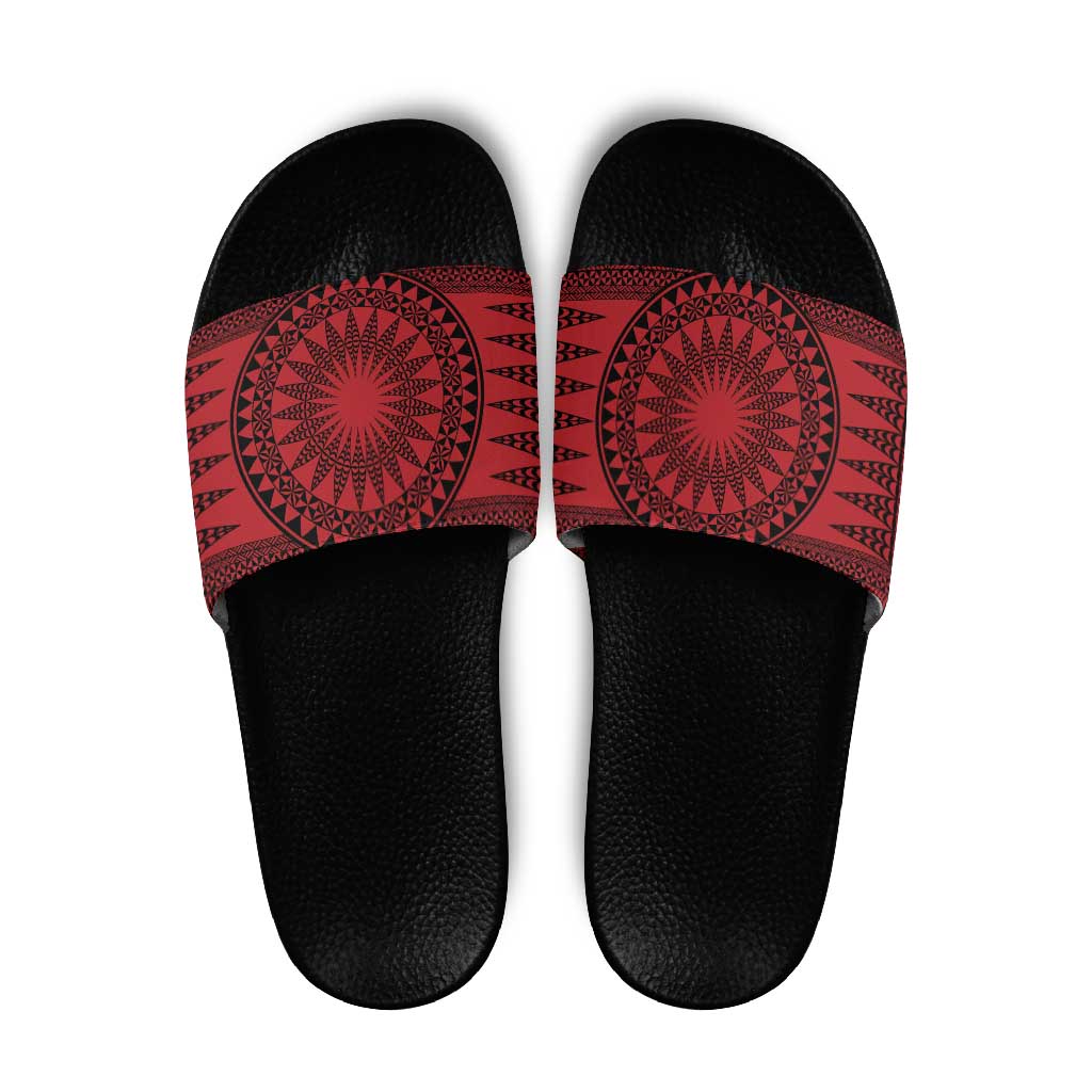 All Red Tonga Malo e lelei Slide Sandals Vintage Ngatu Tribal Pattern - Polynesian Pride