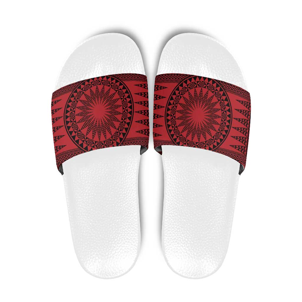 All Red Tonga Malo e lelei Slide Sandals Vintage Ngatu Tribal Pattern - Polynesian Pride