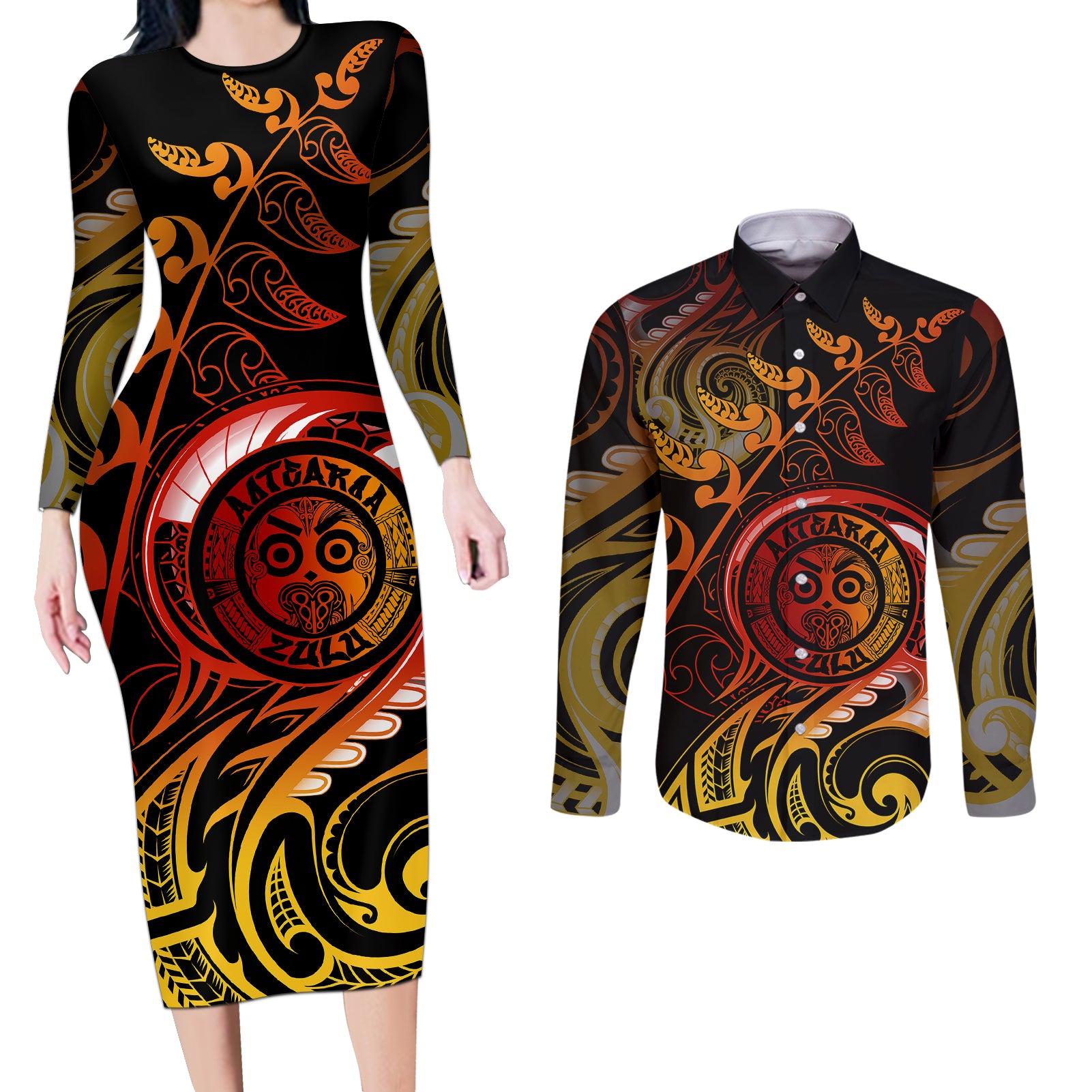 New Zealand Couples Matching Long Sleeve Bodycon Dress and Long Sleeve Button Shirts Aotearoa Wisdom Face Maori Fern Tattoo Arty LT9 Reggae - Polynesian Pride