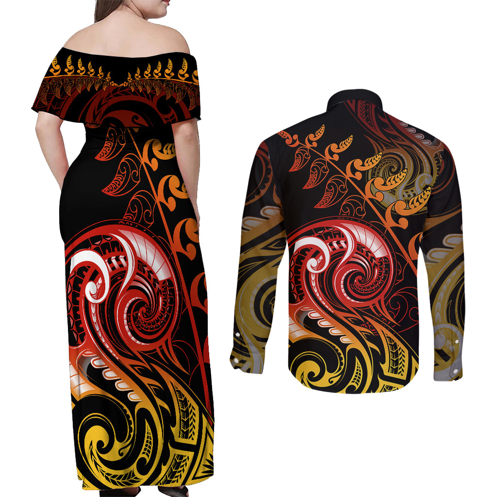 New Zealand Couples Matching Off Shoulder Maxi Dress and Long Sleeve Button Shirts Aotearoa Wisdom Face Maori Fern Tattoo Arty LT9 - Polynesian Pride