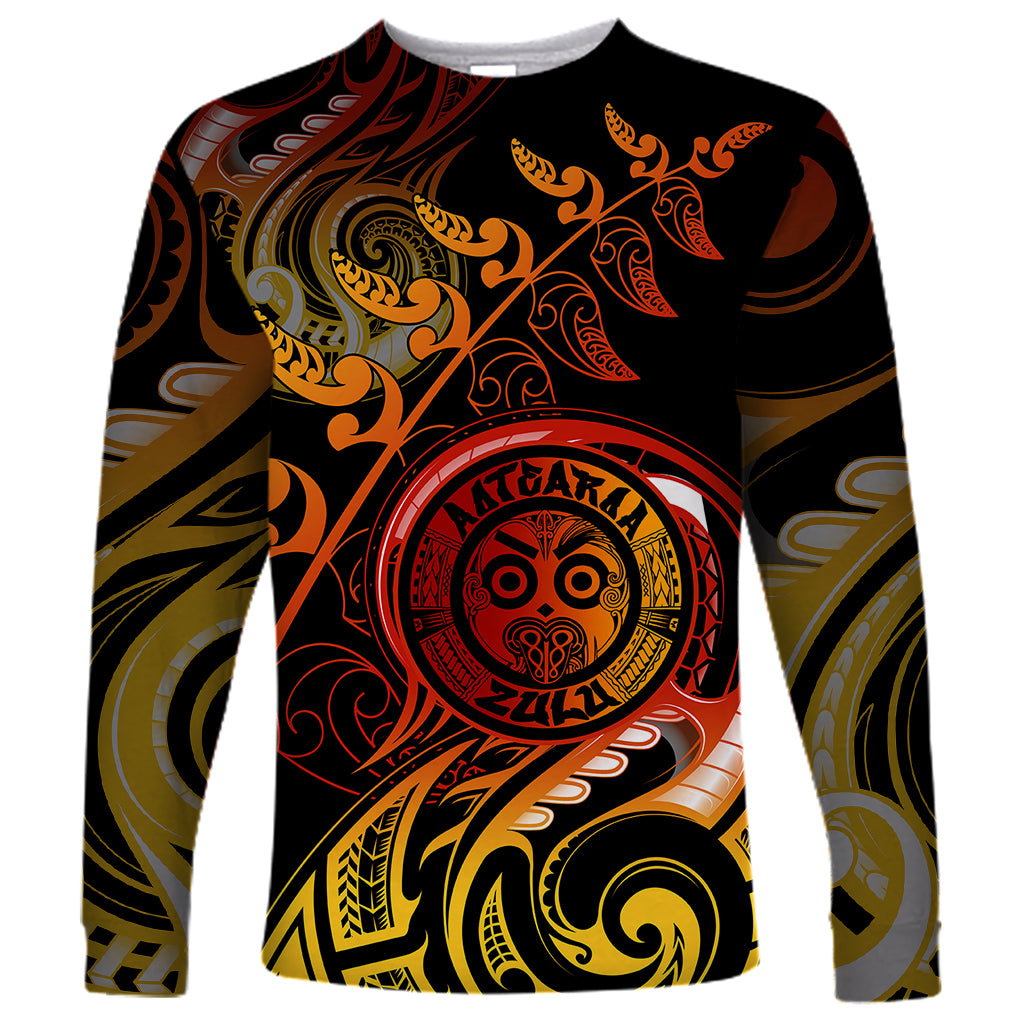 New Zealand Long Sleeve Shirt Aotearoa Wisdom Face Maori Fern Tattoo Arty LT9 Unisex Reggae - Polynesian Pride