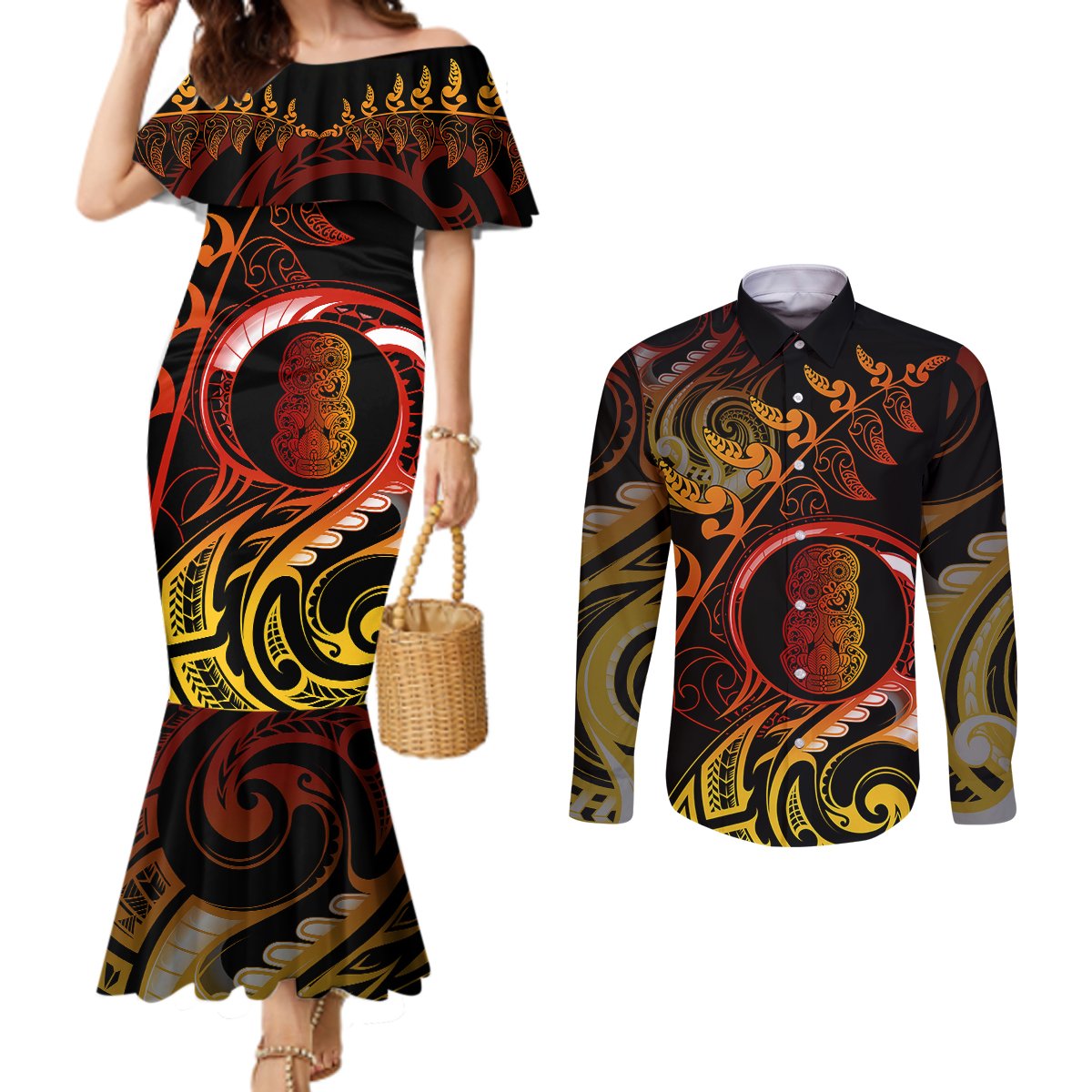 New Zealand Couples Matching Mermaid Dress and Long Sleeve Button Shirts Aotearoa Hei-Tiki Maori Fern Tattoo Arty LT9 Reggae - Polynesian Pride