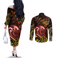 New Zealand Couples Matching Off The Shoulder Long Sleeve Dress and Long Sleeve Button Shirts Aotearoa Hei-Tiki Maori Fern Tattoo Arty LT9 - Polynesian Pride
