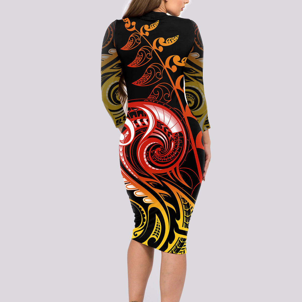 New Zealand Long Sleeve Bodycon Dress Aotearoa Hei-Tiki Maori Fern Tattoo Arty LT9 - Polynesian Pride