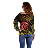 New Zealand Off Shoulder Sweater Aotearoa Hei-Tiki Maori Fern Tattoo Arty LT9 - Polynesian Pride