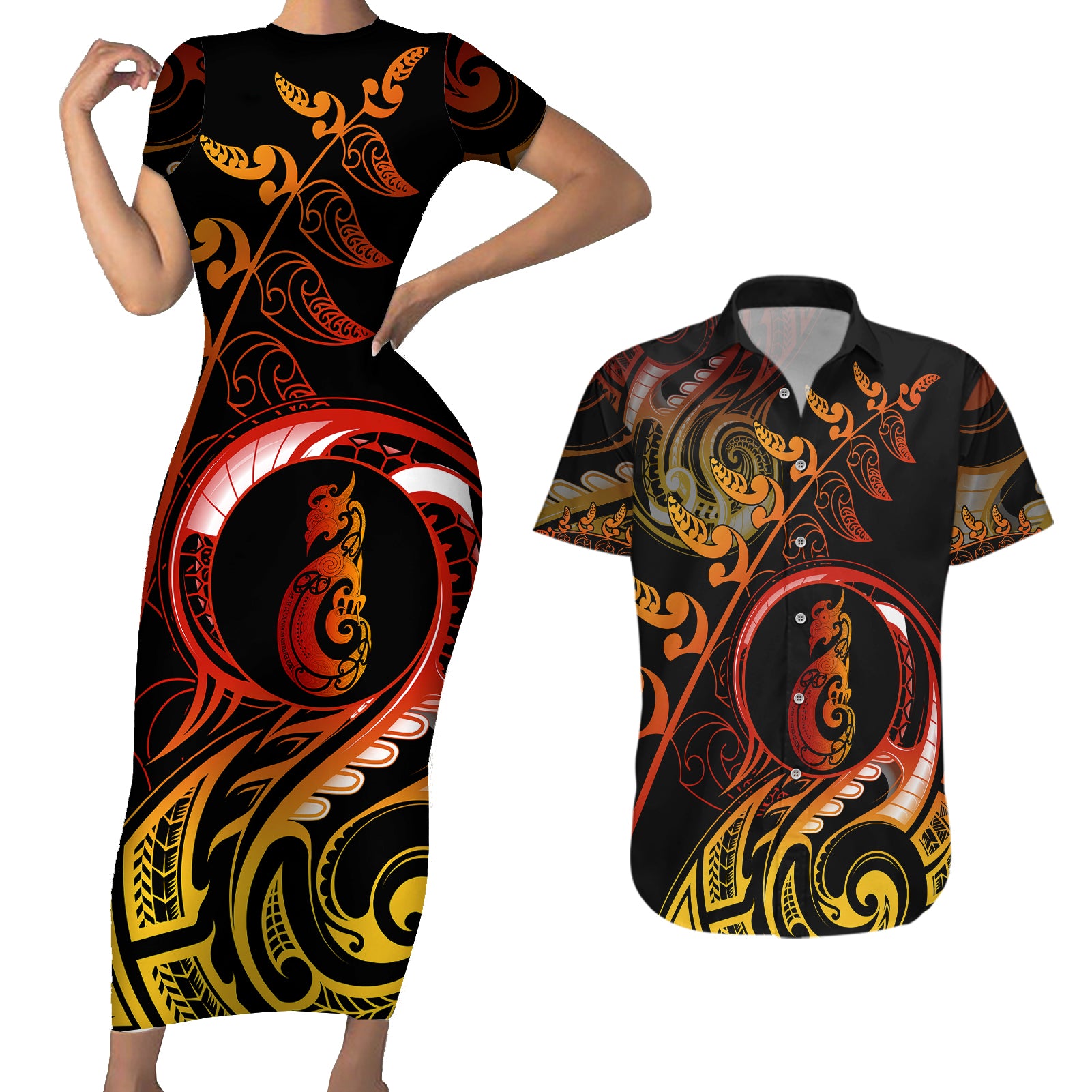 New Zealand Couples Matching Short Sleeve Bodycon Dress and Hawaiian Shirt Aotearoa Manaia Maori Fern Tattoo Arty LT9 Reggae - Polynesian Pride