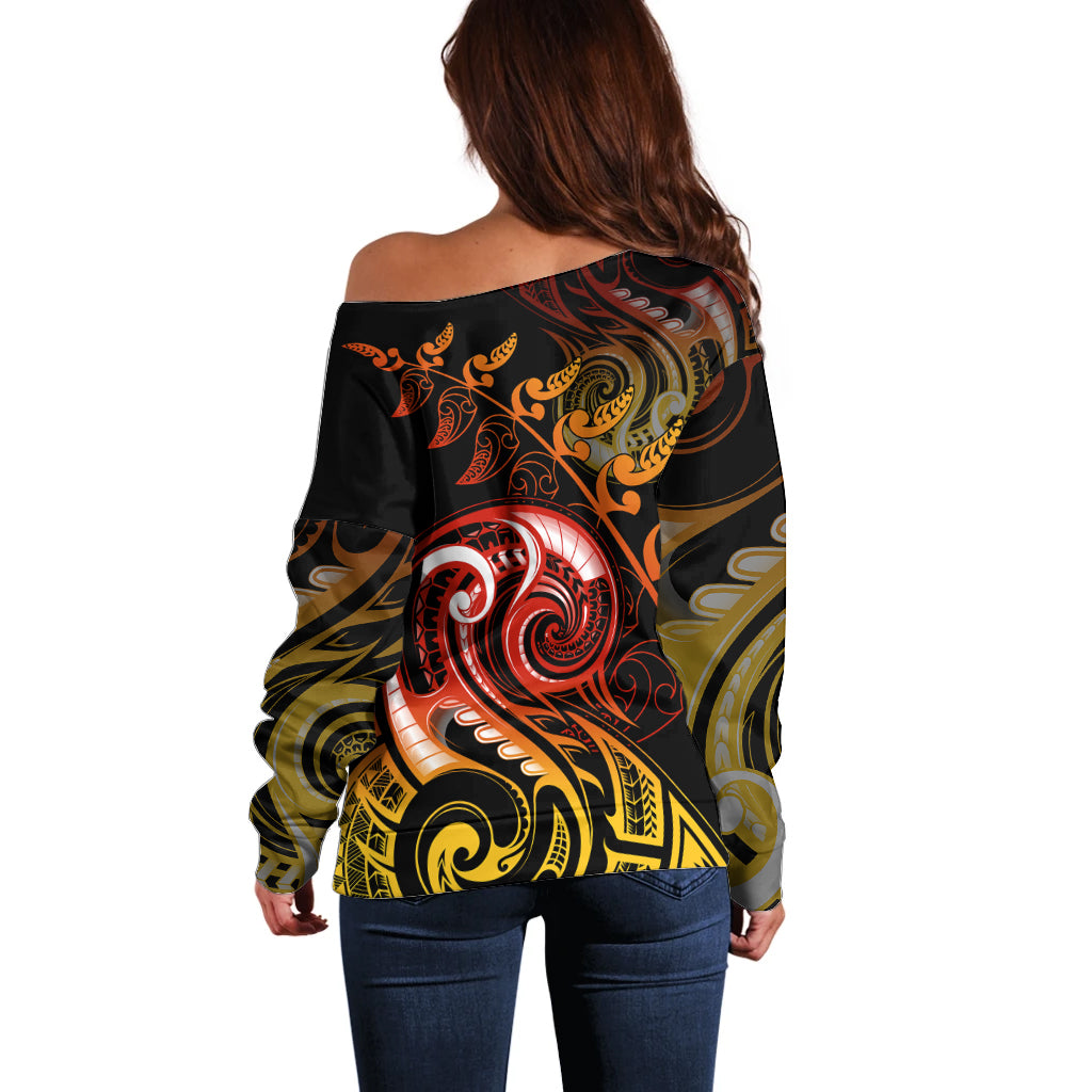 New Zealand Off Shoulder Sweater Aotearoa Manaia Maori Fern Tattoo Arty LT9 - Polynesian Pride