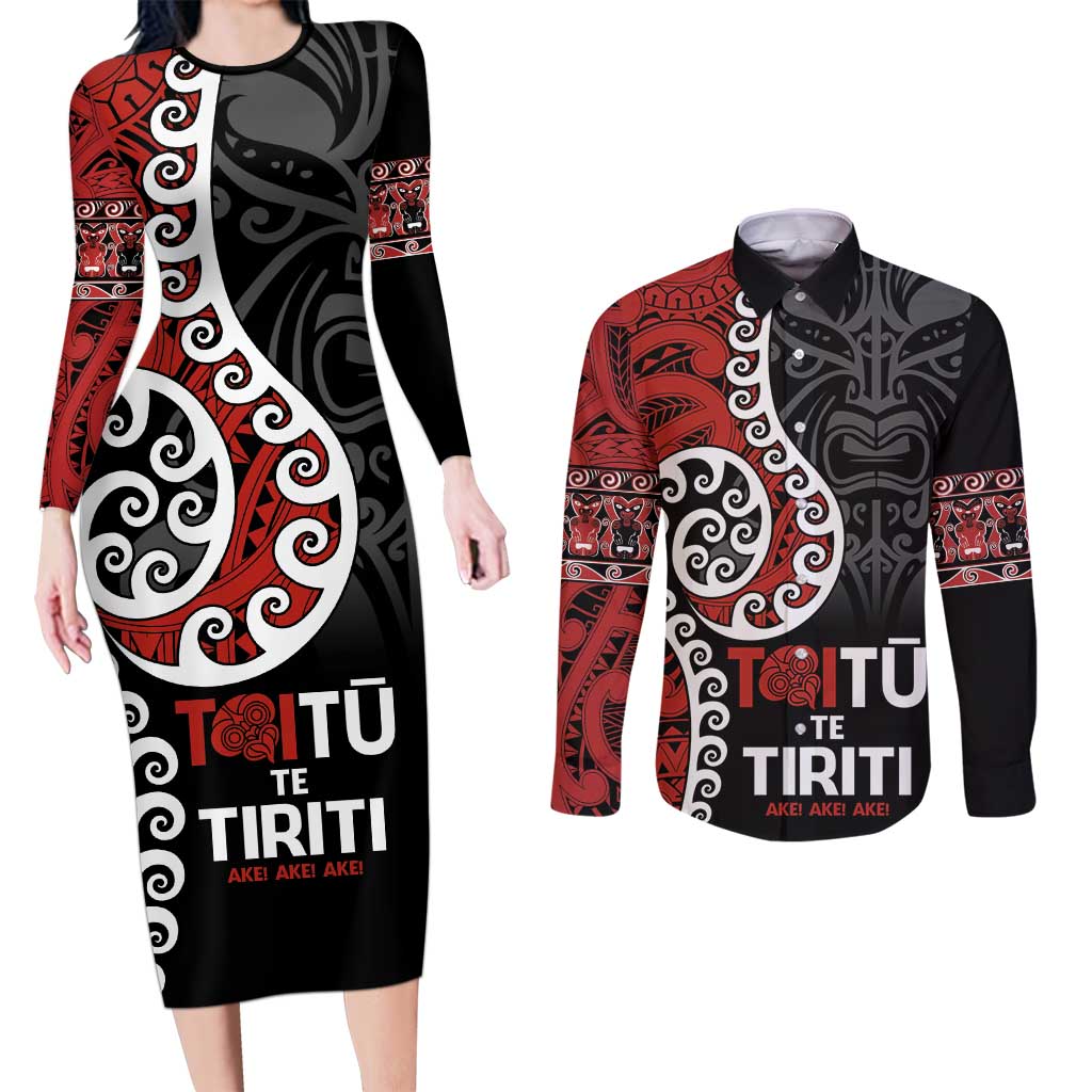 Honour The Treaty New Zealand Couples Matching Long Sleeve Bodycon Dress and Long Sleeve Button Shirt Toitu Te Tiriti Ake!Ake!Ake!