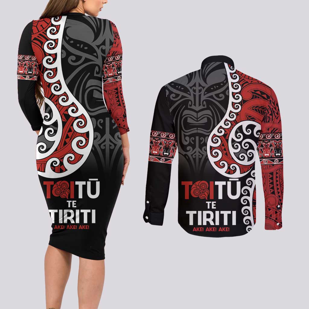 Honour The Treaty New Zealand Couples Matching Long Sleeve Bodycon Dress and Long Sleeve Button Shirt Toitu Te Tiriti Ake!Ake!Ake!