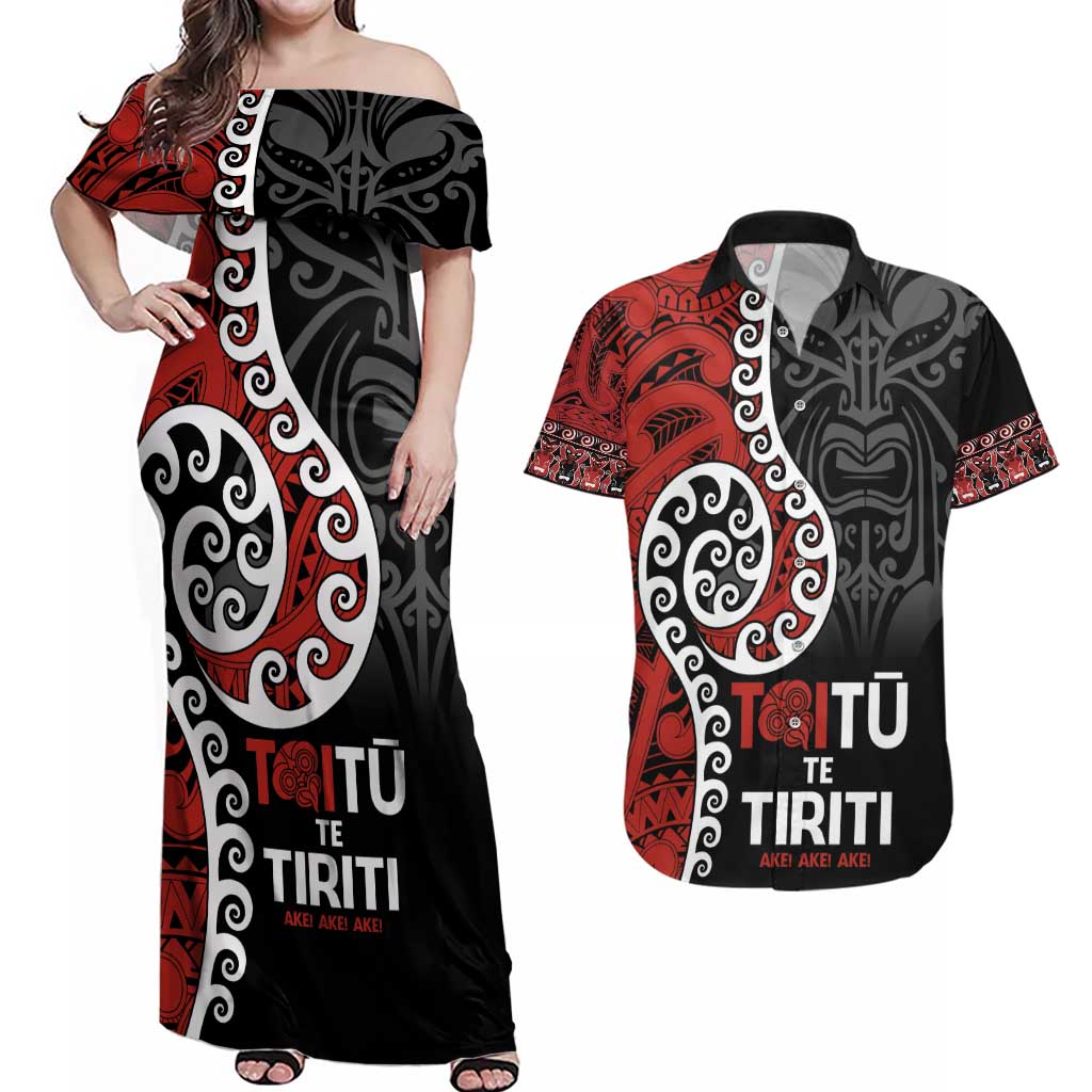 Honour The Treaty New Zealand Couples Matching Off Shoulder Maxi Dress and Hawaiian Shirt Toitu Te Tiriti Ake!Ake!Ake!