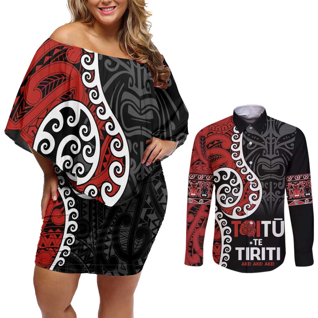 Honour The Treaty New Zealand Couples Matching Off Shoulder Short Dress and Long Sleeve Button Shirt Toitu Te Tiriti Ake!Ake!Ake!
