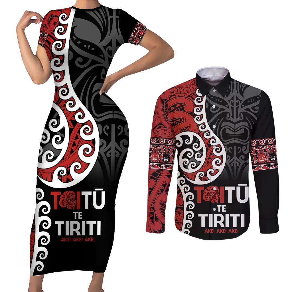 Honour The Treaty New Zealand Couples Matching Short Sleeve Bodycon Dress and Long Sleeve Button Shirt Toitu Te Tiriti Ake!Ake!Ake!