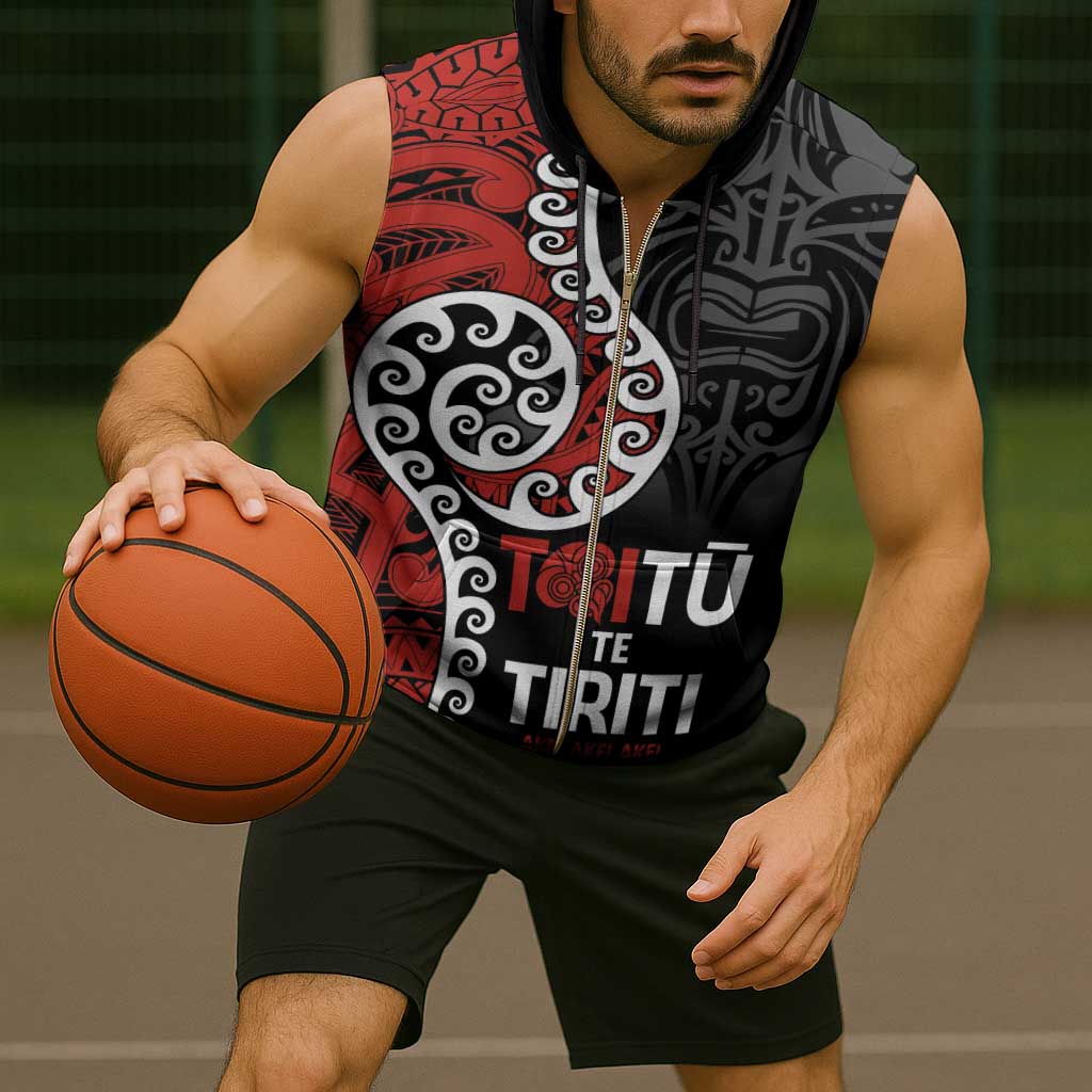 Honour The Treaty New Zealand Sleeveless Zip Hoodie Toitu Te Tiriti Ake Ake Ake - Polynesian Pride