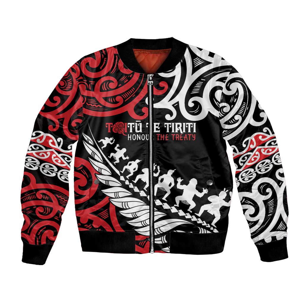 Honour The Treaty New Zealand Personalised Bomber Jacket Toitu Te Tiriti Half Fern with Haka dance LT9 Unisex Black - Polynesian Pride