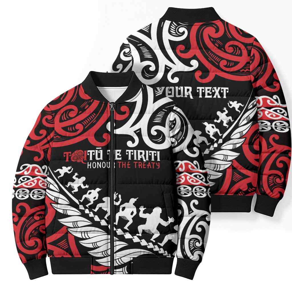 Honour The Treaty New Zealand Personalised Bomber Puffer Jacket Toitu Te Tiriti Half Fern Haka Dance - Polynesian Pride