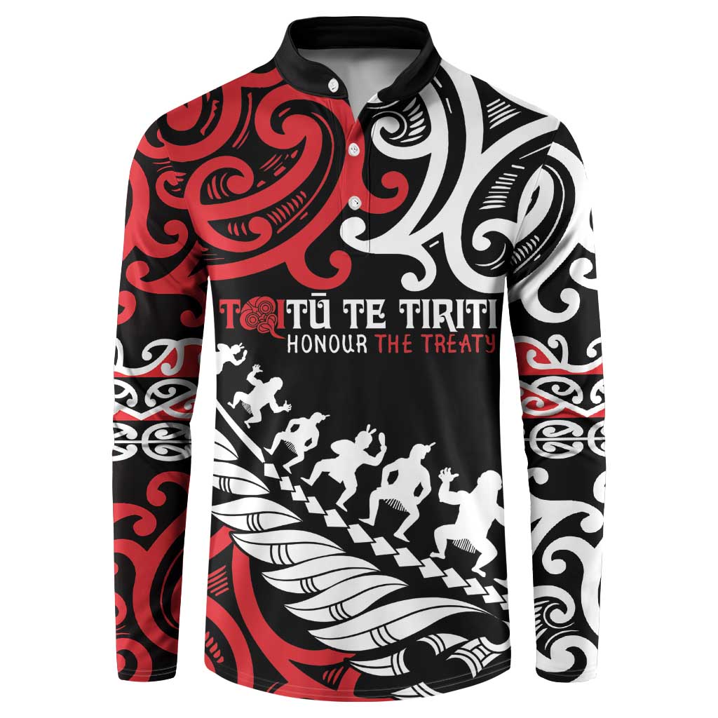 Honour The Treaty New Zealand Personalised Button Sweatshirt Toitu Te Tiriti Half Fern with Haka dance LT9 Black - Polynesian Pride