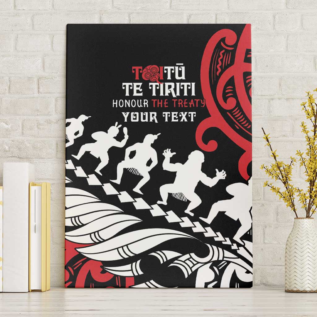 Honour The Treaty New Zealand Personalised Canvas Wall Art Toitu Te Tiriti Half Fern with Haka dance LT9 Without Frame Black - Polynesian Pride