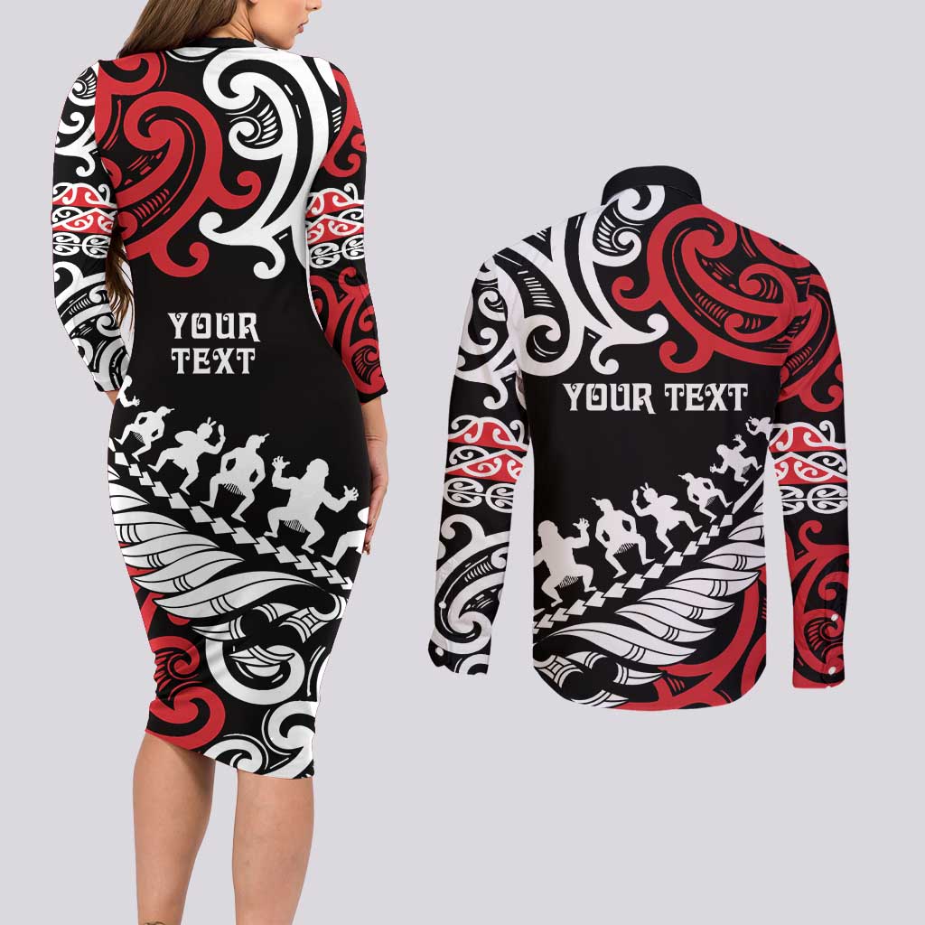Honour The Treaty New Zealand Personalised Couples Matching Long Sleeve Bodycon Dress and Long Sleeve Button Shirt Toitu Te Tiriti Half Fern with Haka dance
