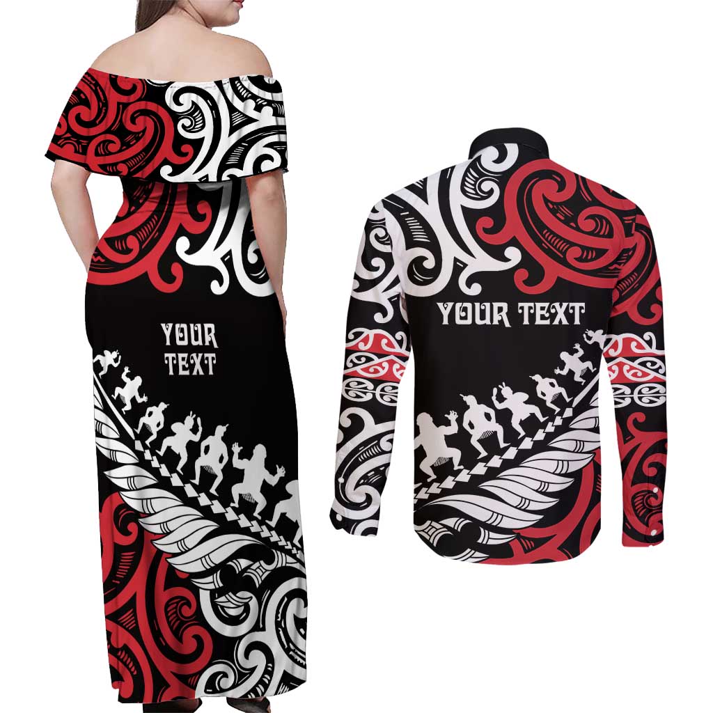 Honour The Treaty New Zealand Personalised Couples Matching Off Shoulder Maxi Dress and Long Sleeve Button Shirt Toitu Te Tiriti Half Fern with Haka dance