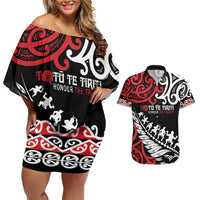 Honour The Treaty New Zealand Personalised Couples Matching Off Shoulder Short Dress and Hawaiian Shirt Toitu Te Tiriti Half Fern with Haka dance
