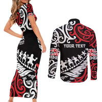 Honour The Treaty New Zealand Personalised Couples Matching Short Sleeve Bodycon Dress and Long Sleeve Button Shirt Toitu Te Tiriti Half Fern with Haka dance