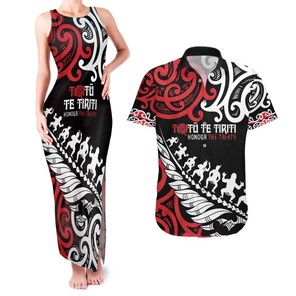 Honour The Treaty New Zealand Personalised Couples Matching Tank Maxi Dress and Hawaiian Shirt Toitu Te Tiriti Half Fern with Haka dance