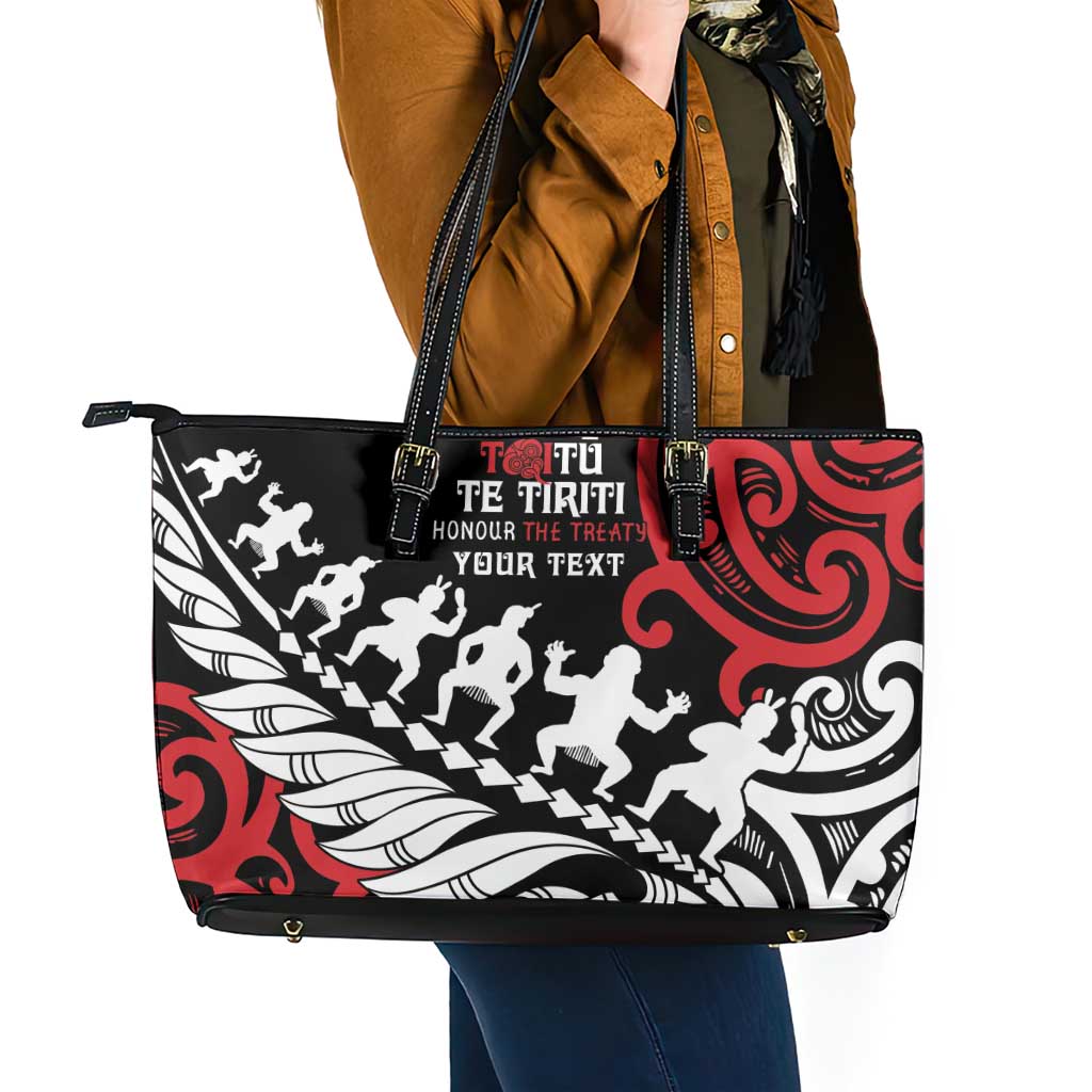 Honour The Treaty New Zealand Personalised Leather Tote Bag Toitu Te Tiriti Half Fern with Haka dance LT9 - Polynesian Pride