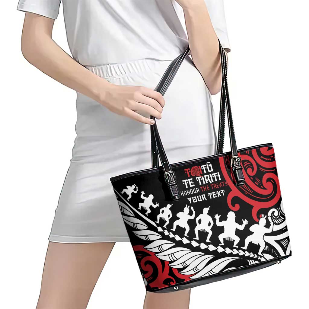 Honour The Treaty New Zealand Personalised Leather Tote Bag Toitu Te Tiriti Half Fern with Haka dance LT9 - Polynesian Pride