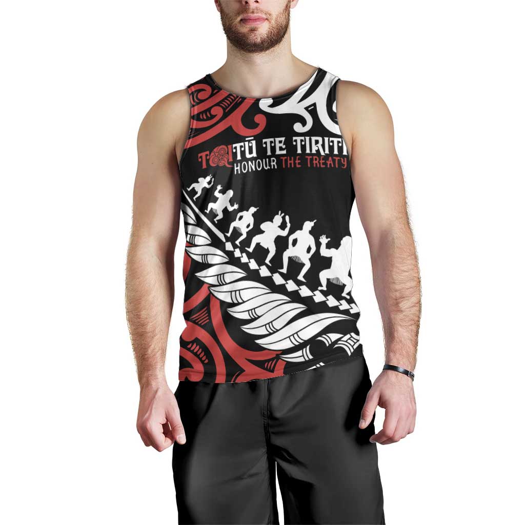 Honour The Treaty New Zealand Personalised Men Tank Top Toitu Te Tiriti Half Fern with Haka dance