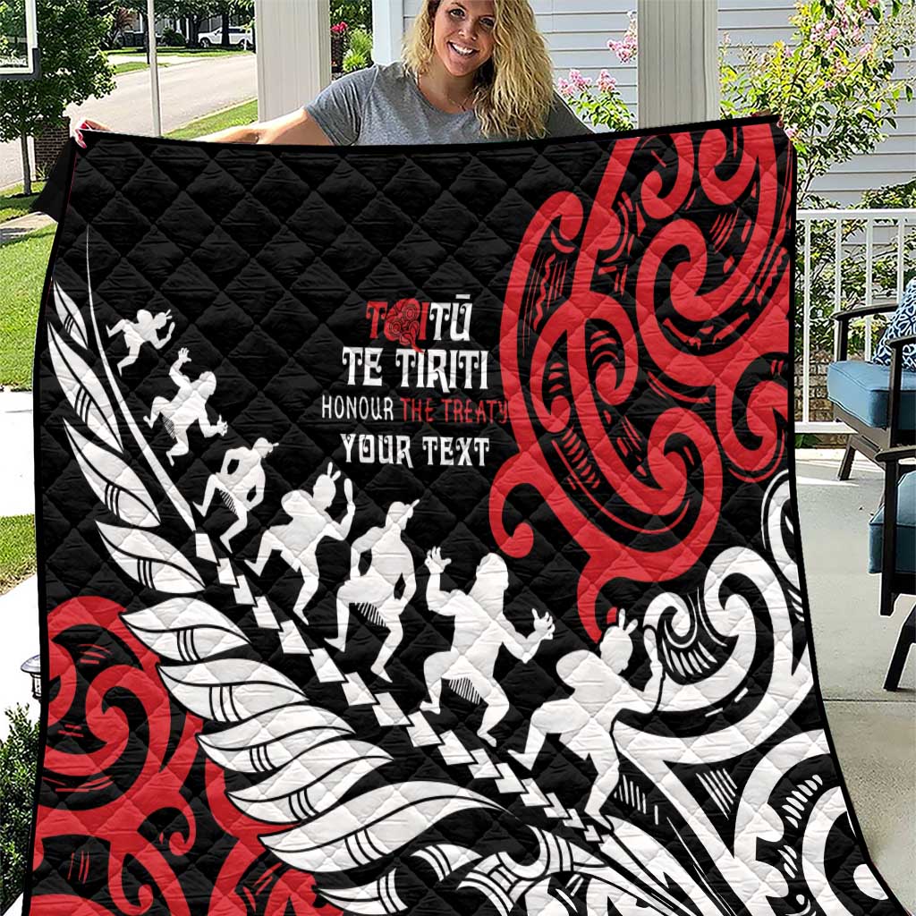 Honour The Treaty New Zealand Personalised Quilt Toitu Te Tiriti Half Fern with Haka dance LT9 Black - Polynesian Pride