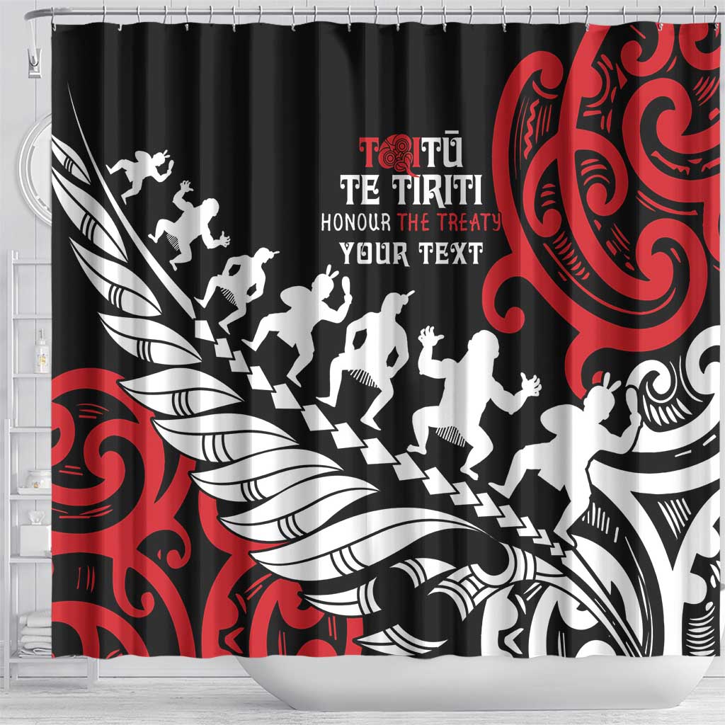Honour The Treaty New Zealand Personalised Shower Curtain Toitu Te Tiriti Half Fern with Haka dance