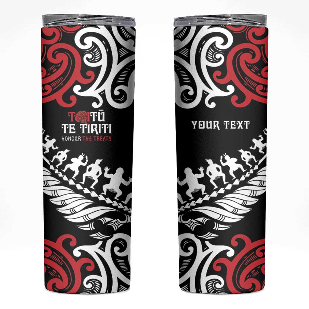 Honour The Treaty New Zealand Personalised Skinny Tumbler Toitu Te Tiriti Half Fern with Haka dance LT9 Black - Polynesian Pride