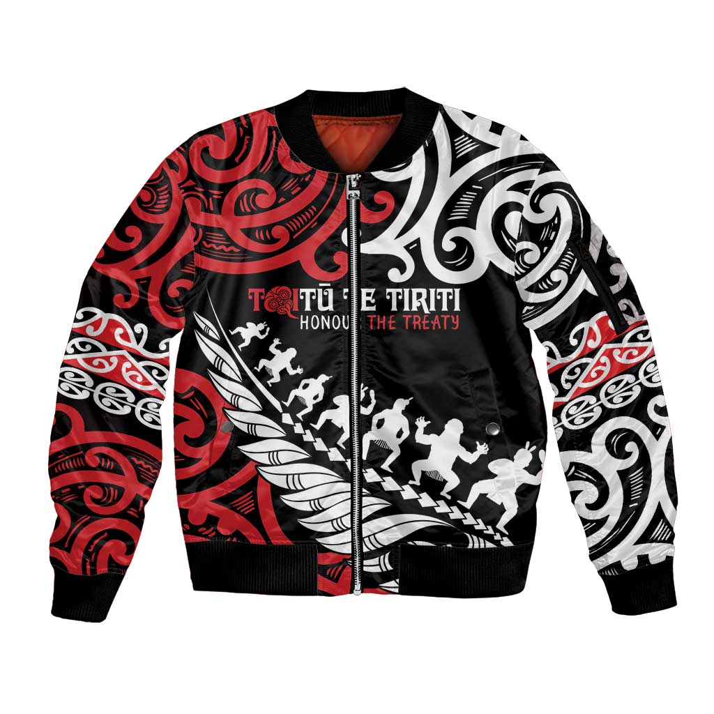 Honour The Treaty New Zealand Personalised Sleeve Zip Bomber Jacket Toitu Te Tiriti Half Fern with Haka dance LT9 Unisex Black - Polynesian Pride