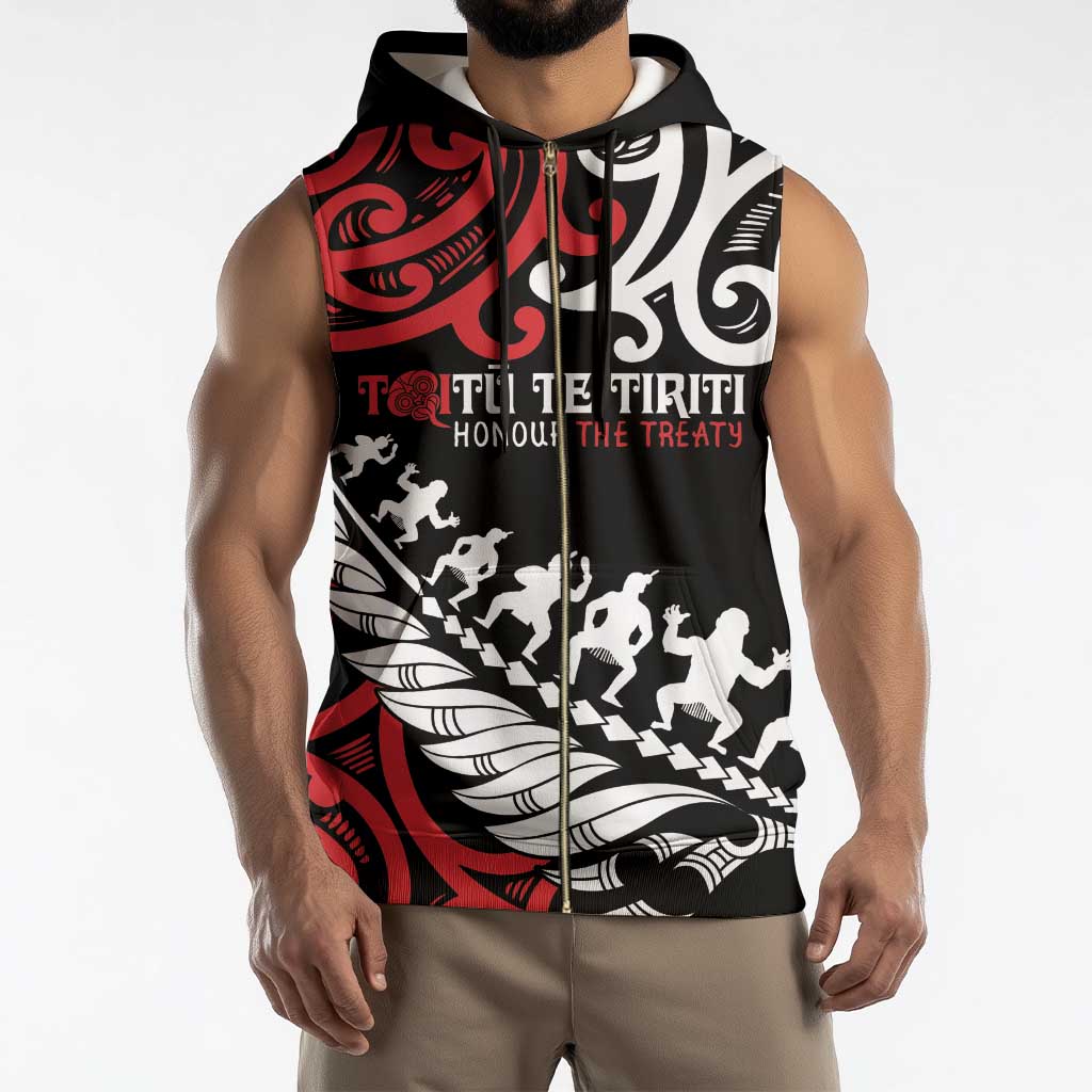 Honour The Treaty New Zealand Personalised Sleeveless Zip Hoodie Toitu Te Tiriti Half Fern Haka Dance - Polynesian Pride
