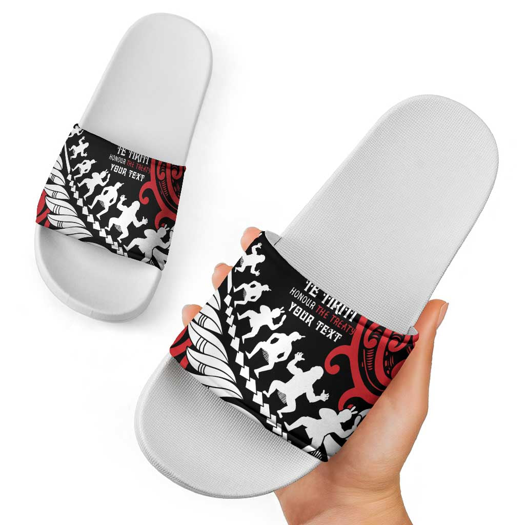 Honour The Treaty New Zealand Personalised Slide Sandals Toitu Te Tiriti Half Fern Haka Dance - Polynesian Pride