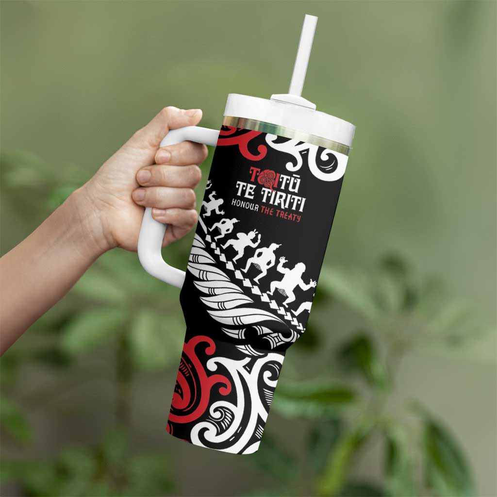 Honour The Treaty New Zealand Personalised Tumbler With Handle Toitu Te Tiriti Half Fern with Haka dance