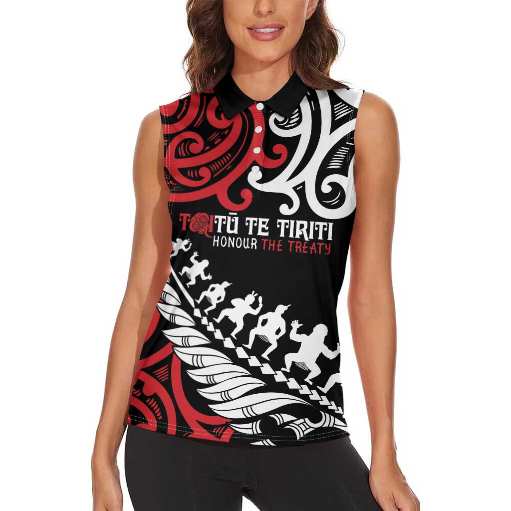 Honour The Treaty New Zealand Personalised Women Sleeveless Polo Shirt Toitu Te Tiriti Half Fern with Haka dance LT9 - Polynesian Pride