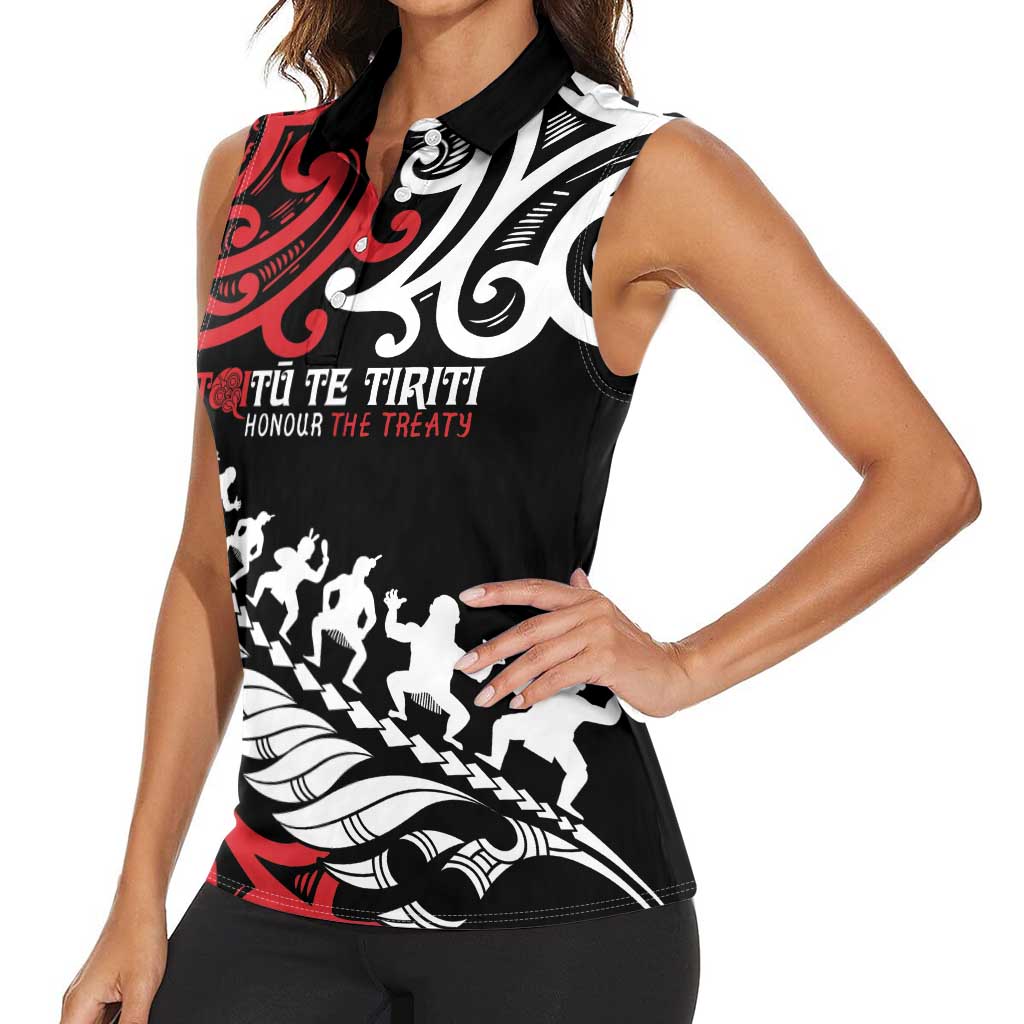 Honour The Treaty New Zealand Personalised Women Sleeveless Polo Shirt Toitu Te Tiriti Half Fern with Haka dance LT9 - Polynesian Pride