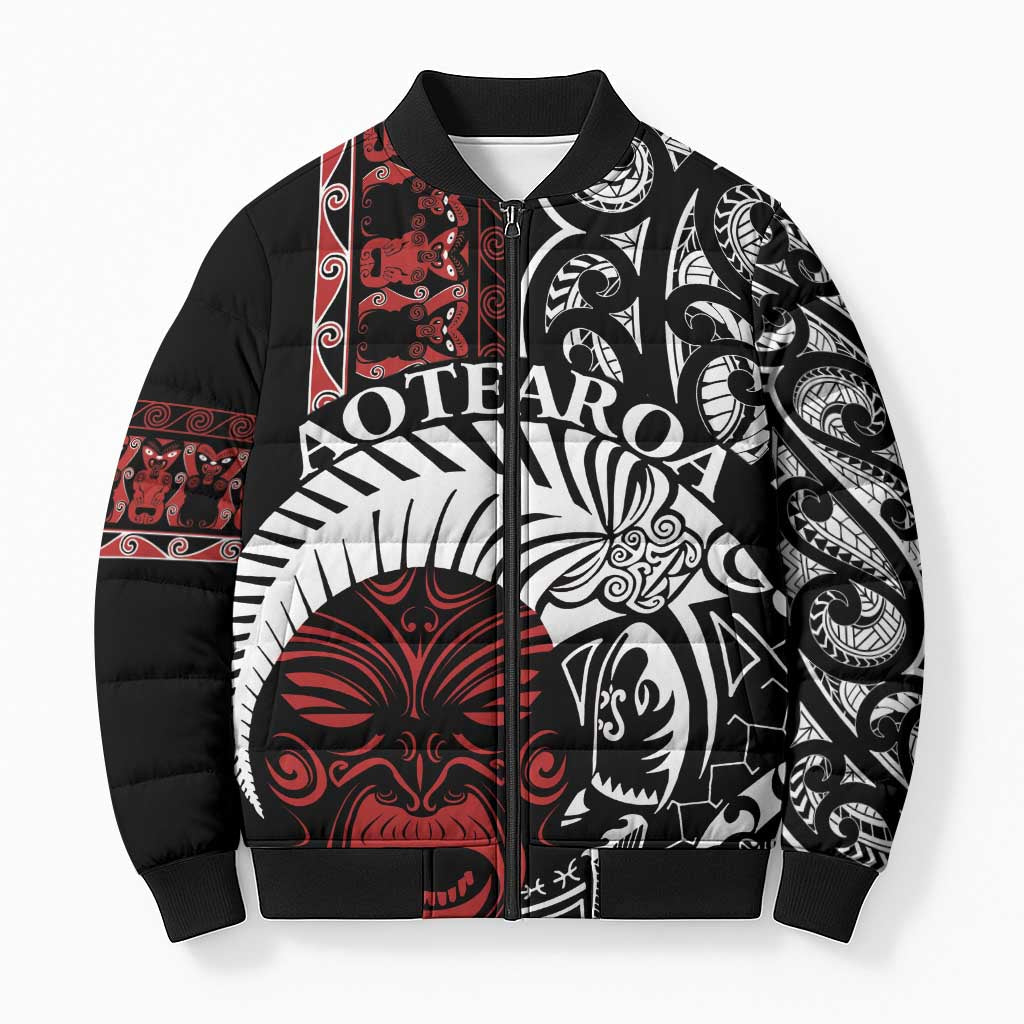 Honour The Treaty New Zealand Personalised Bomber Puffer Jacket Toitu Te Tiriti Indigenous Maori Face - Polynesian Pride