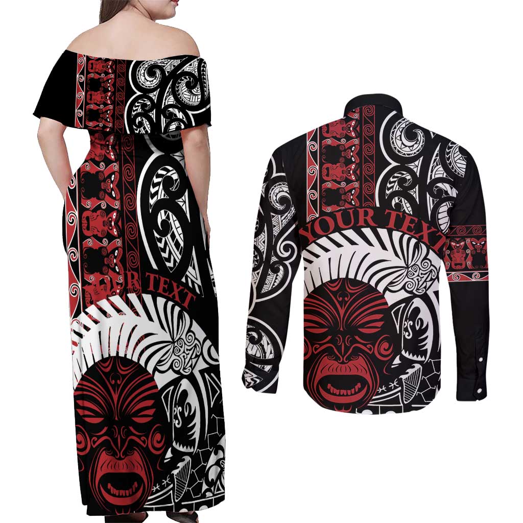 Honour The Treaty New Zealand Personalised Couples Matching Off Shoulder Maxi Dress and Long Sleeve Button Shirt Toitu Te Tiriti Indigenous Maori Face