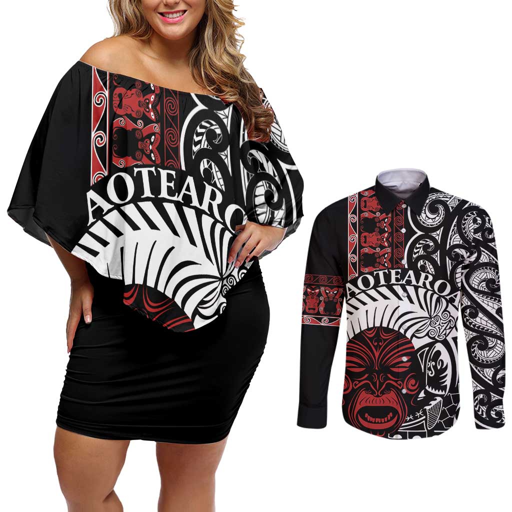Honour The Treaty New Zealand Personalised Couples Matching Off Shoulder Short Dress and Long Sleeve Button Shirt Toitu Te Tiriti Indigenous Maori Face