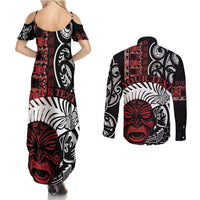 Honour The Treaty New Zealand Personalised Couples Matching Summer Maxi Dress and Long Sleeve Button Shirt Toitu Te Tiriti Indigenous Maori Face