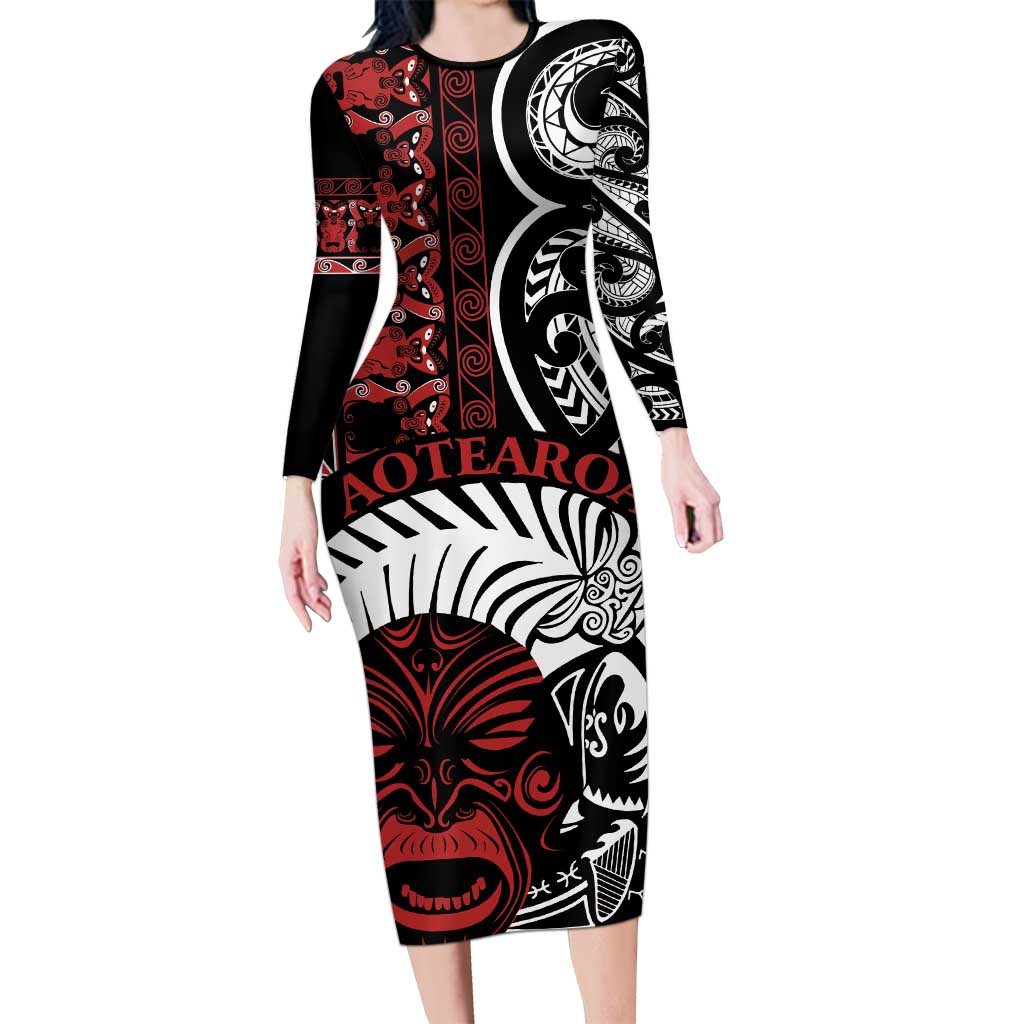 Honour The Treaty New Zealand Personalised Long Sleeve Bodycon Dress Toitu Te Tiriti Indigenous Maori Face LT9 Long Dress Black - Polynesian Pride