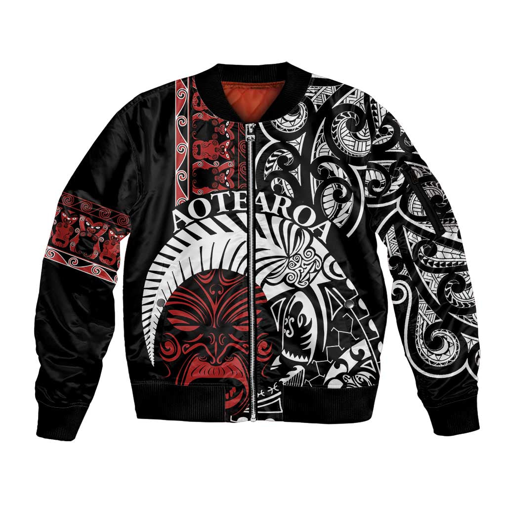 Honour The Treaty New Zealand Personalised Sleeve Zip Bomber Jacket Toitu Te Tiriti Indigenous Maori Face LT9 Unisex Black - Polynesian Pride