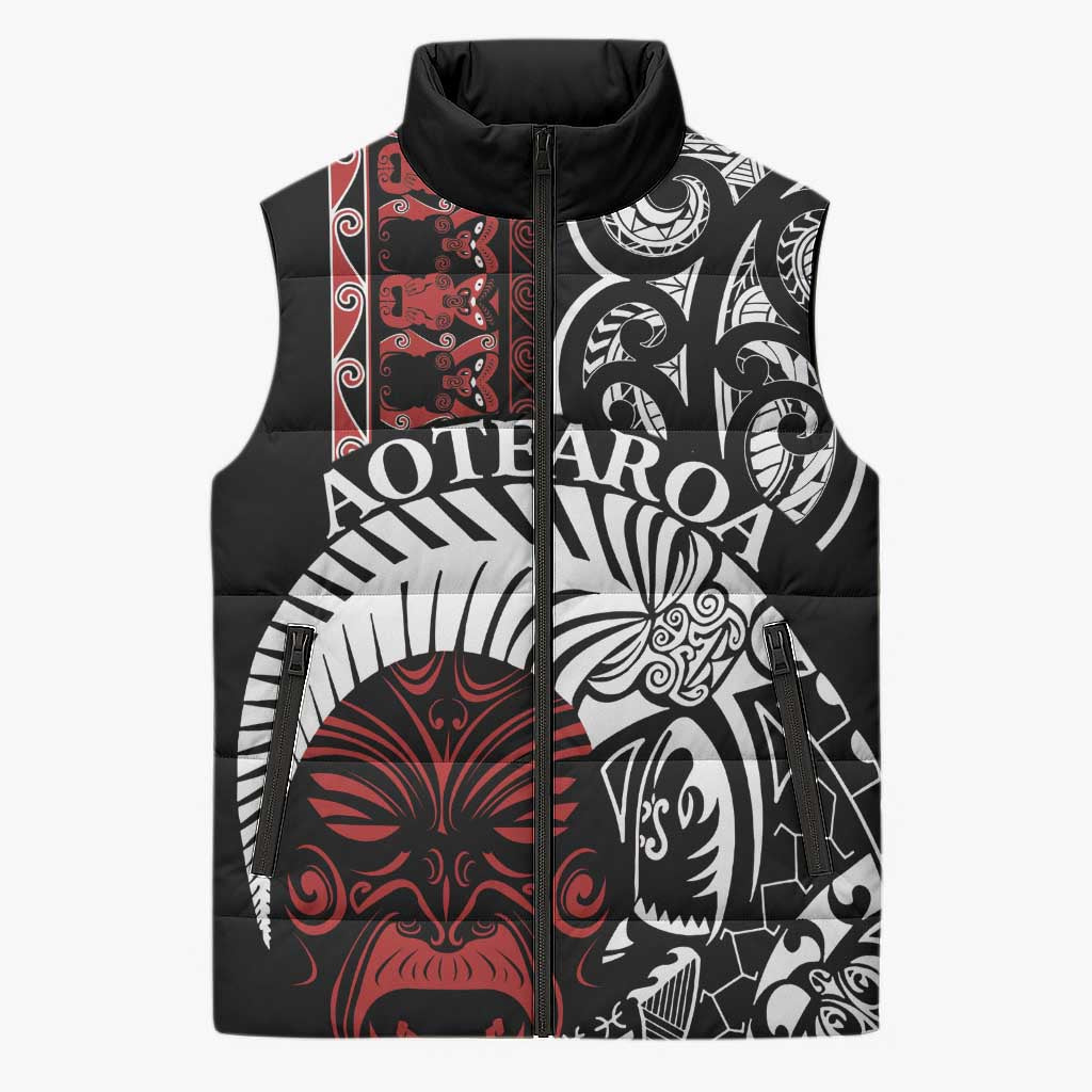 Honour The Treaty New Zealand Personalised Sleeveless Puffer Jacket Toitu Te Tiriti Indigenous Maori Face - Polynesian Pride